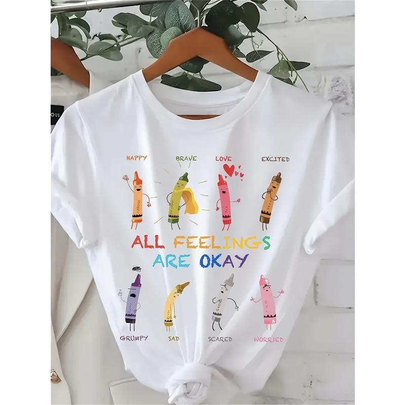 

European Size Vibrant Crayon Back To School Letter Print Tee - Casual Short Sleeve Crew Neck Top For Women, Perfect For Summer And Spring 4XL