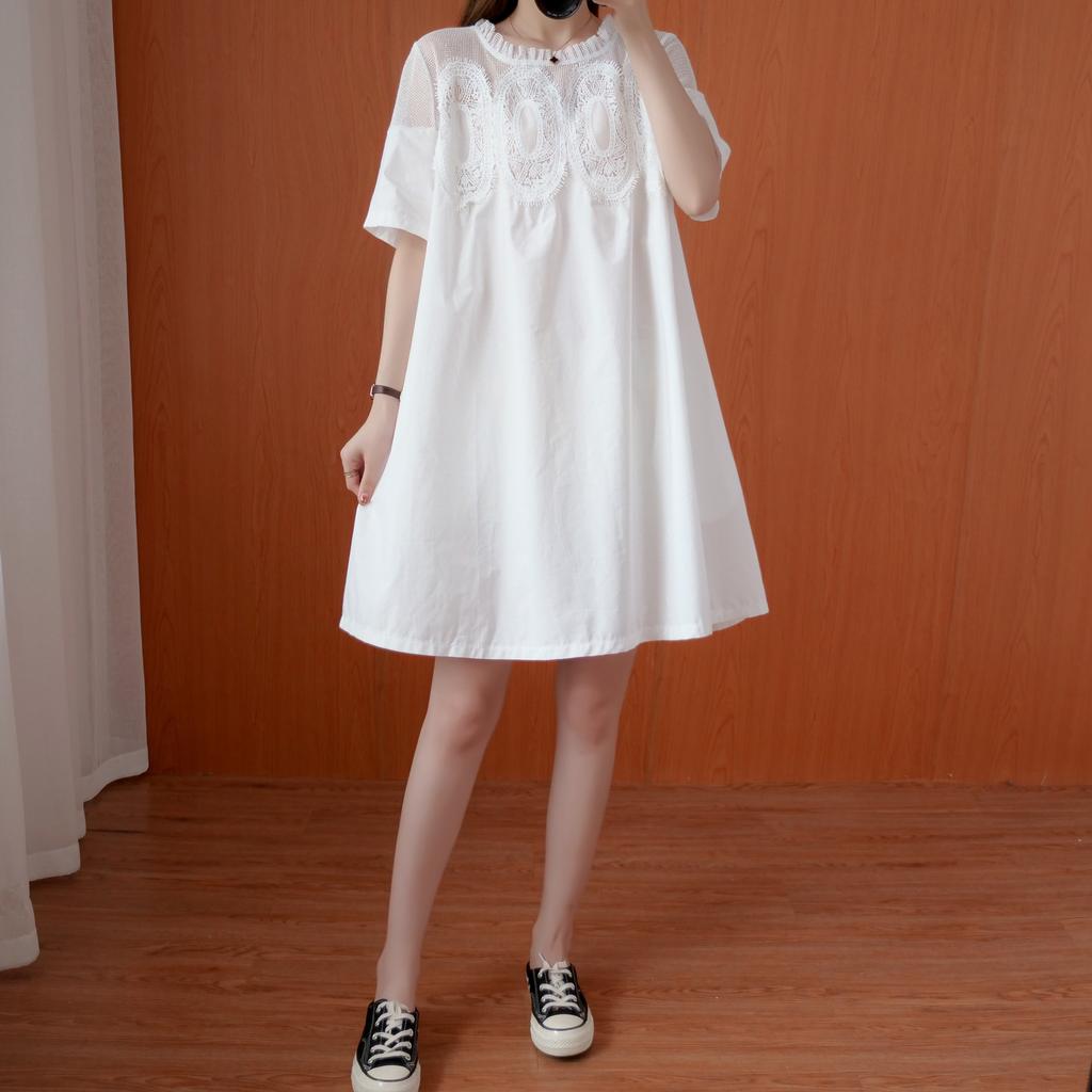 Western Style Plus Size Women's Summer Dress Fat Sister Lace Mesh Stitching Short Sleeves