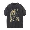 Men'S Washed T-Shirt | Werewolf Howling At the Moon Graphic Print, Streetwear Style Short Sleeve Round Neck, All-Season Casual and Outdoor Wear
