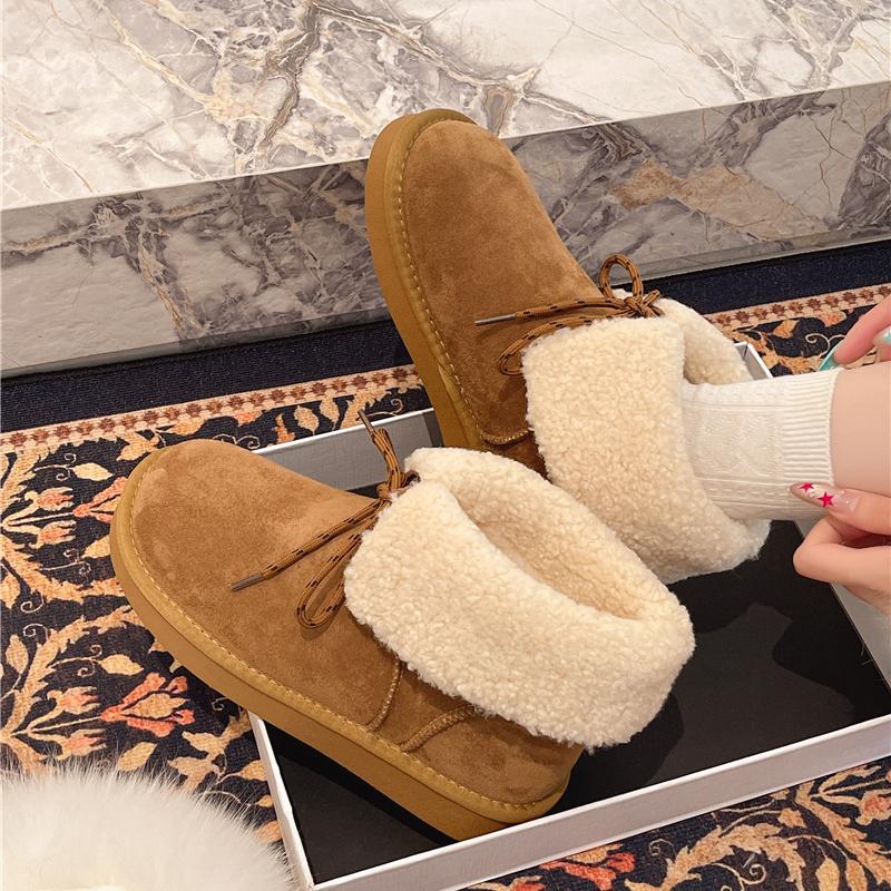 Flip Plush Flat Snow Boots Winter New Round Toe Socket Bow Warm Non-Slip Cotton Boots