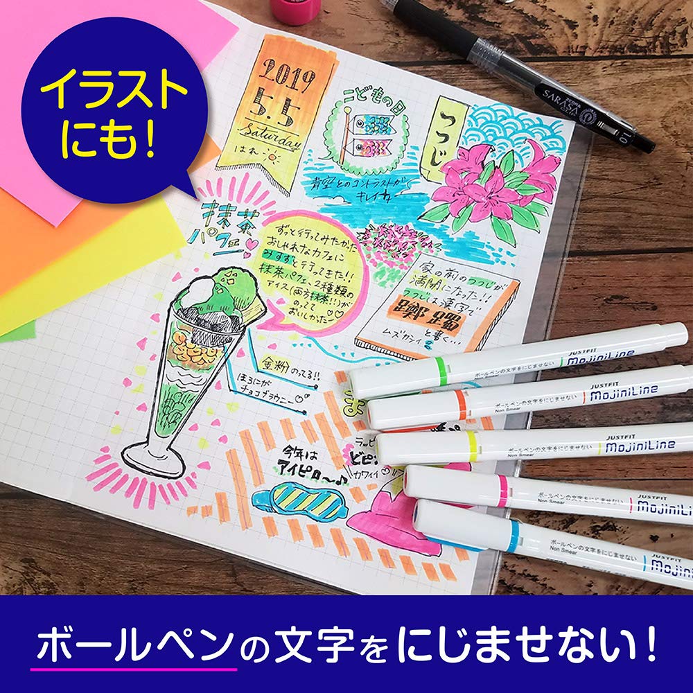 Zebra Justfit Mojini Line Highlighter Set, 5 Colors, Precision Tip, Compact 11.6x11.6x135.1mm, 53.5g