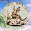 Vintage Teacup Bunny Wooden Sign, Charming Round Sign for Front Door, Wall Hanging Decor - Ideal Easter & Shabby Chic Gift for Home