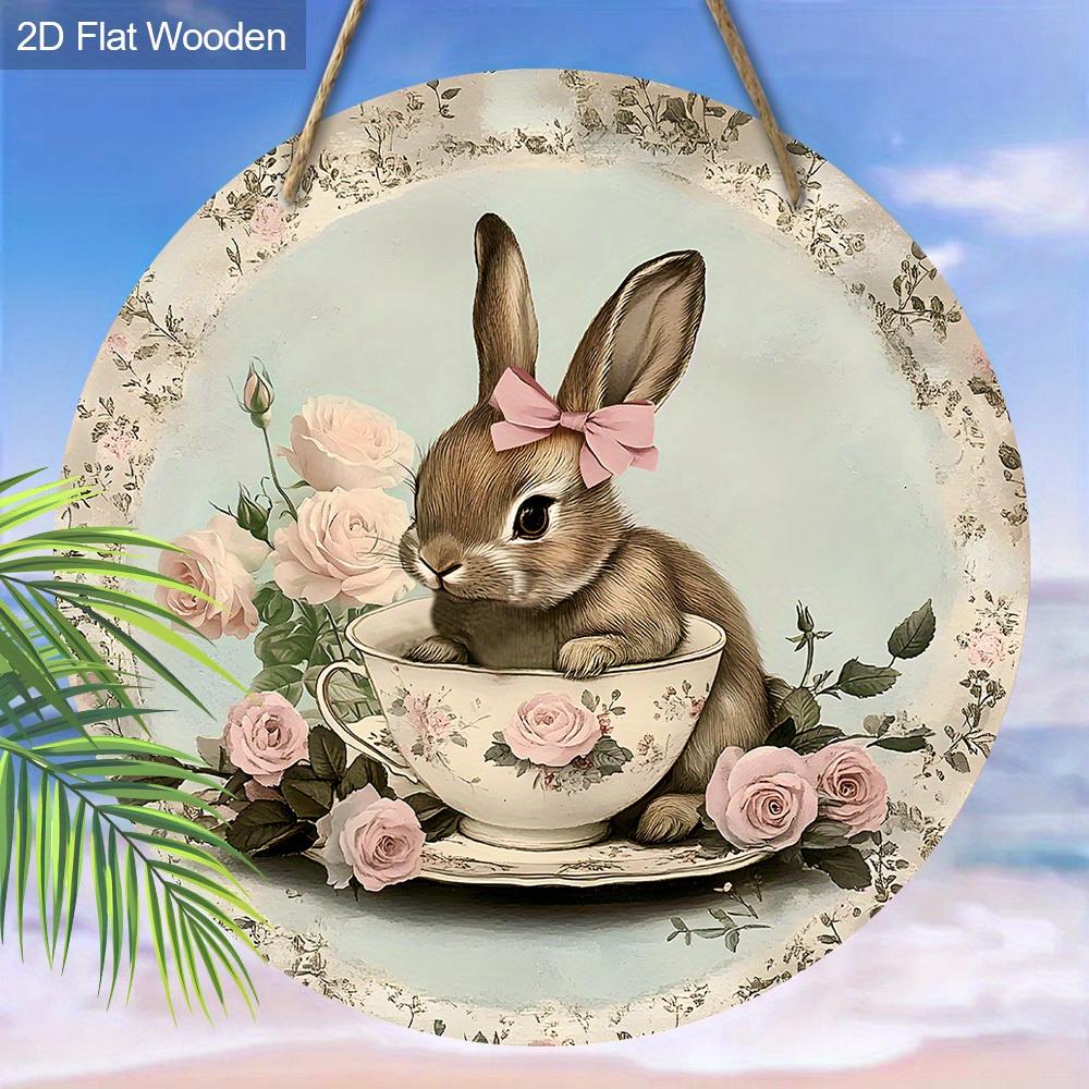 Vintage Teacup Bunny Wooden Sign, Charming Round Sign for Front Door, Wall Hanging Decor - Ideal Easter & Shabby Chic Gift for Home