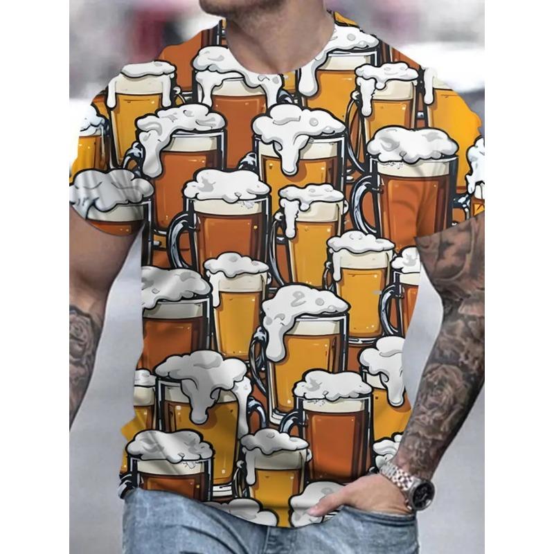 Camiseta Masculina Elegante Com Estampa De Cerveja 3D All-Over Print Design Camisetas Gráficas De Cerveja Masculinas Com Gola Redonda E Manga Curta