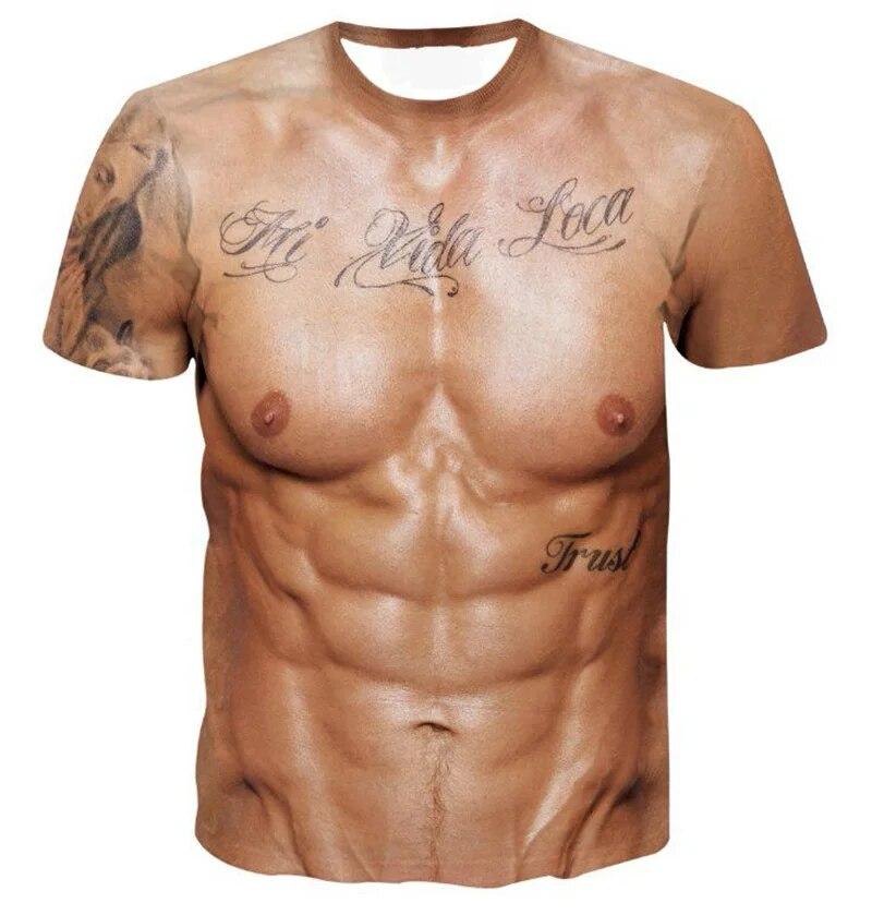 Fashion Funny Six-pack Abs Muscle Tattoos T Shirt for Men Round Neck Short Sleeve Tees Cool Streetwear 3D Printed T-shirt