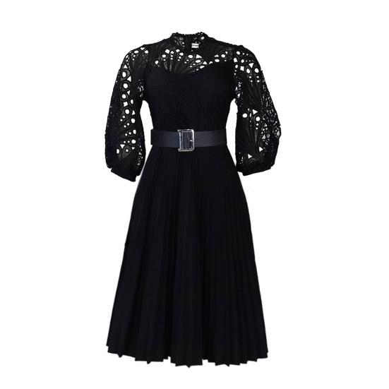 Women's 45720 Sleeve Lace Crochet Midi Dress Hollow Out Eyelet Pleated Swing Dress Fall Casual