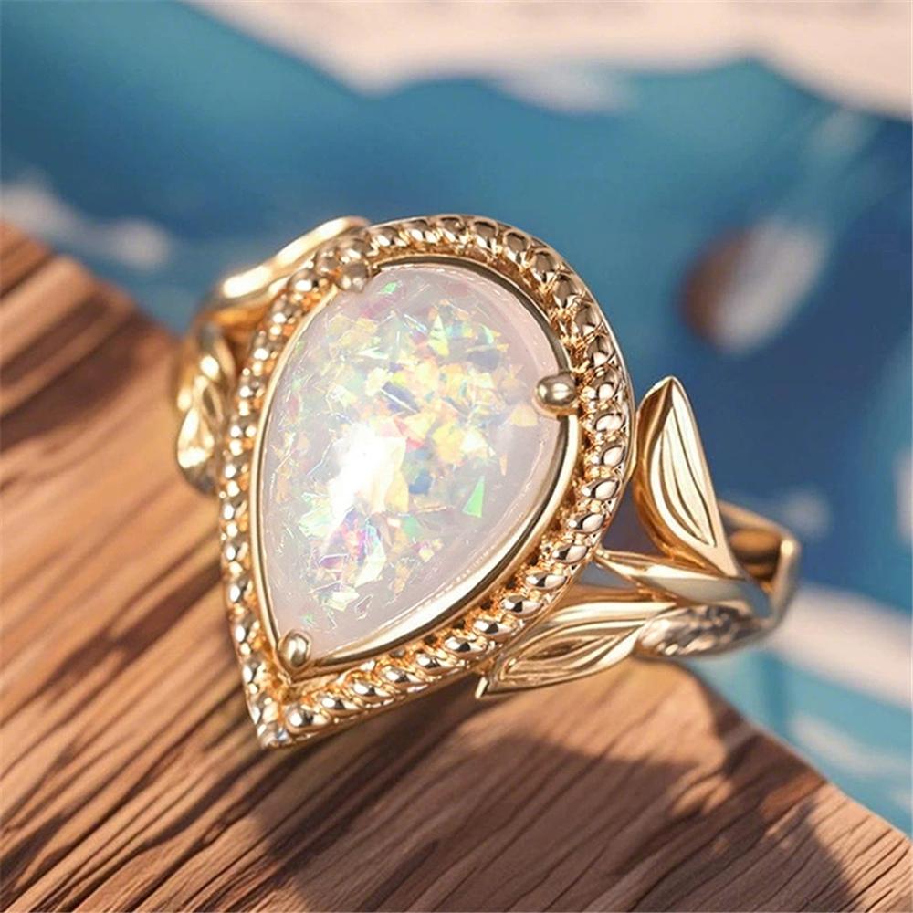 Białe Pierścionki z Kamieniem Opalu Ognistego w Kształcie Kropli Wody Dla Kobiet Kolor Złoty Zaręczynowe Ślubne