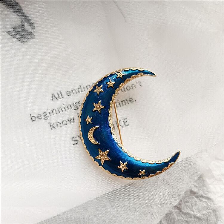 Styl Art Deco Vintage emaliowana broszka z niebieskim księżycem przypinka prezent