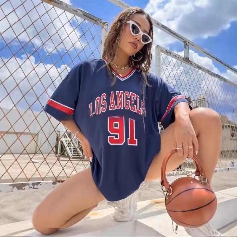 Sommer Damen Los Angeles Nr. 91 Sportbekleidung Trikot T-Shirt V-Ausschnitt Locker Mode Streetwear Kurzarm Freizeit Urlaubs Oberteil