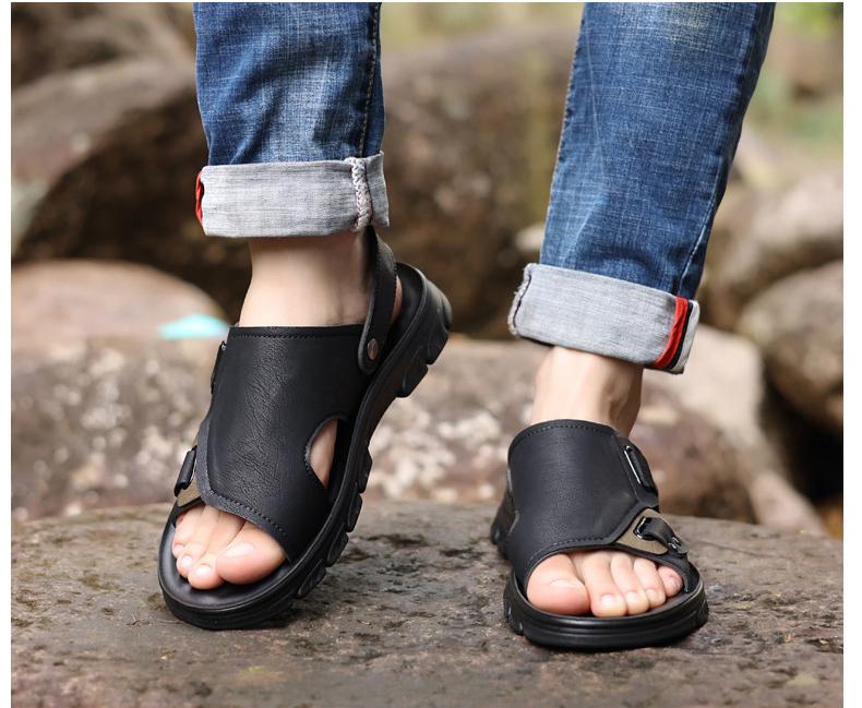 

Fashion Classic Mens Sandals Slip On Summer Leather Sandals Slippers Men Outdoor Casual Lightweight Sandals Black Water Shoes Sandalias 38