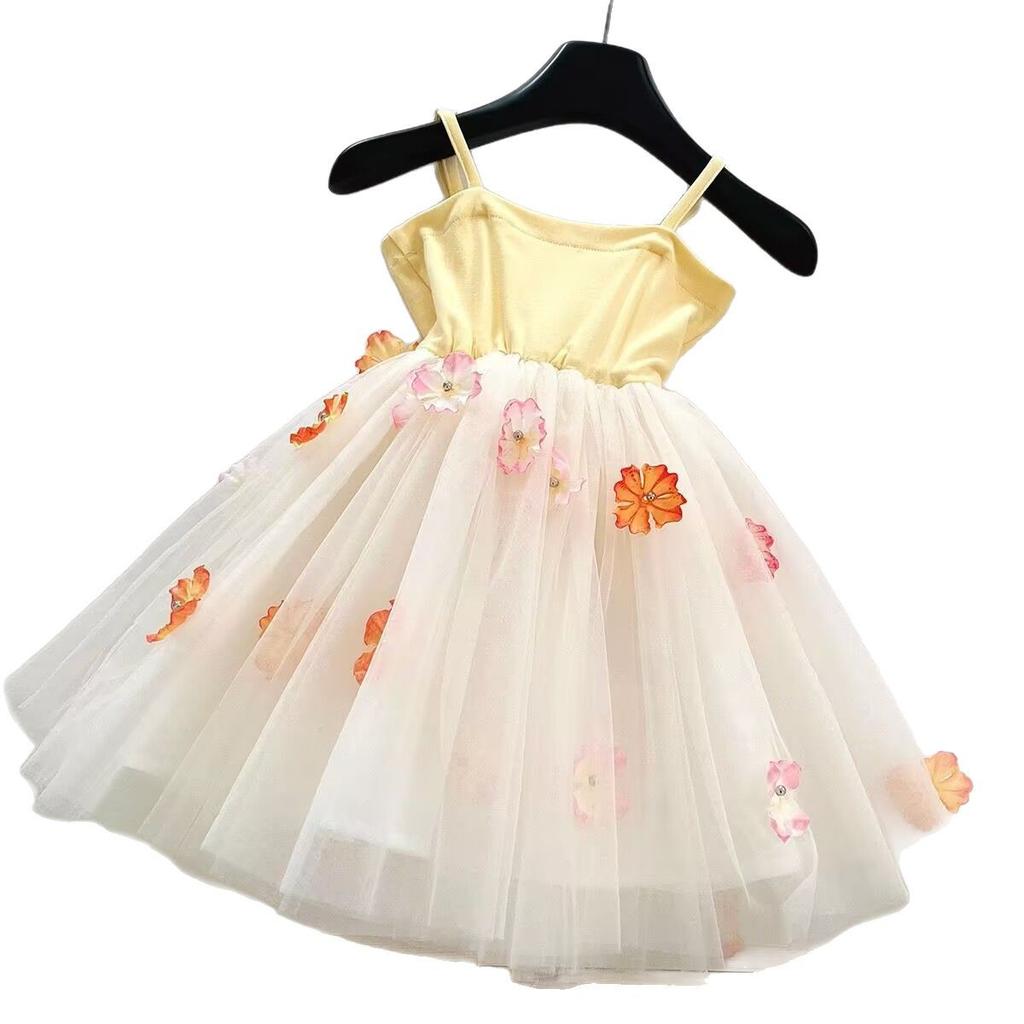 Summer Girls Spaghetti Strap Dress With 3D Flowers Kids Princess Fairy Sundress For Party And Daily Wear