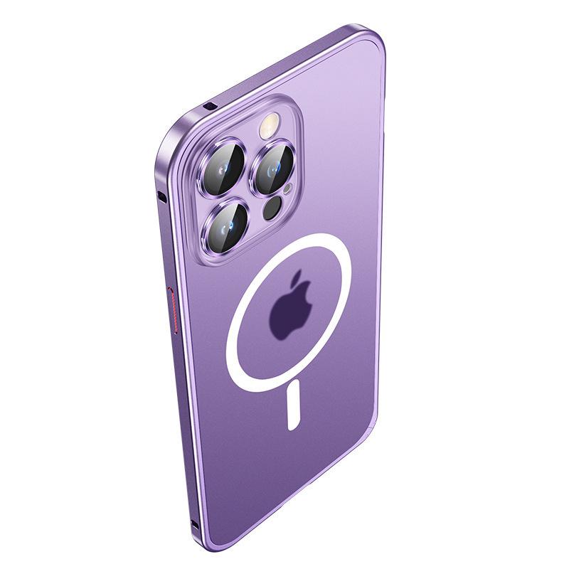Cross13 Magnetic Metal Frame Phone Case with Lens Protection for Apple 14 - Drop-proof, Frosted, Semi-transparent, Creative Design.