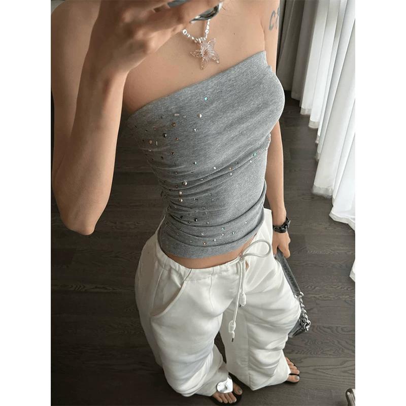 Gray Strapless Women s Summer Temperament Small Size Sexy Sexy Silm Slim Looking Skinny Versatile Short Strapless Tops S