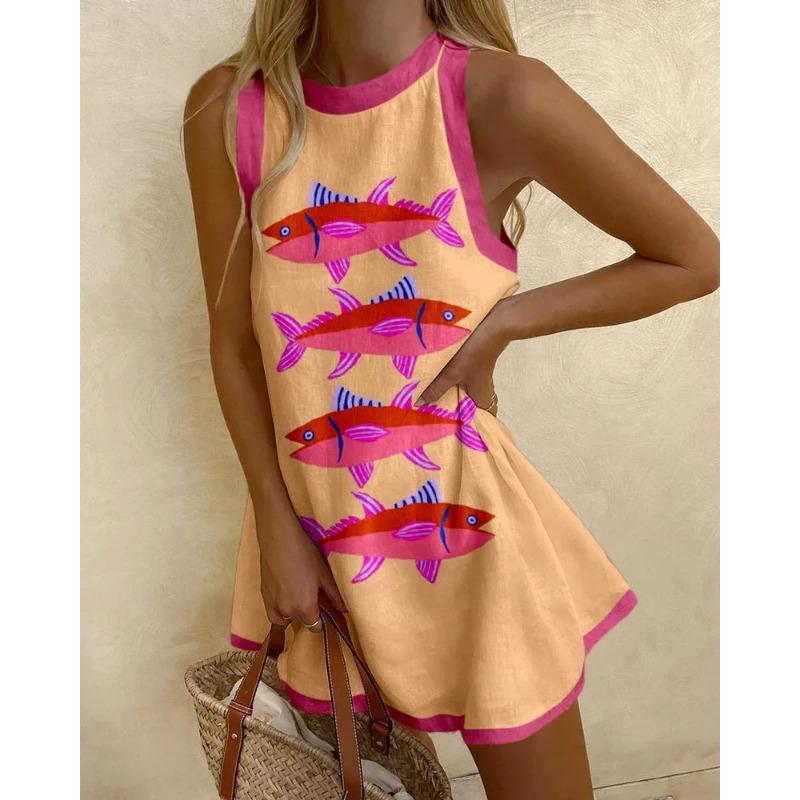 Round Neck Sleeveless Ocean Element Casual Women's Dresses