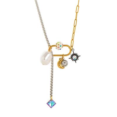 Stylish Splicing Pendant Clavicle Chain Jewelry Titanium Steel Necklace with Moon Star Pearls for Everyday Wear