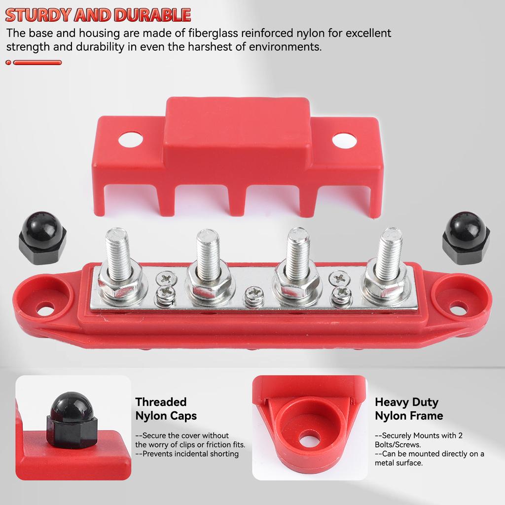 12V Strømfordelingsblokk 250A Samleskinne Koblingsklemme med Deksel M8 4-veis 5/16" Terminalbolter 48VDC 300VAC for Bil Båt Bobil