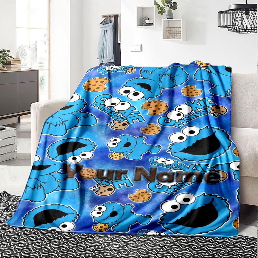 Name Custom Cookie Monster Cartoon Print Flannel Blanket High Quality Warm Comfortable Cover for All Seasons Perfect for Gifts Home Decor
