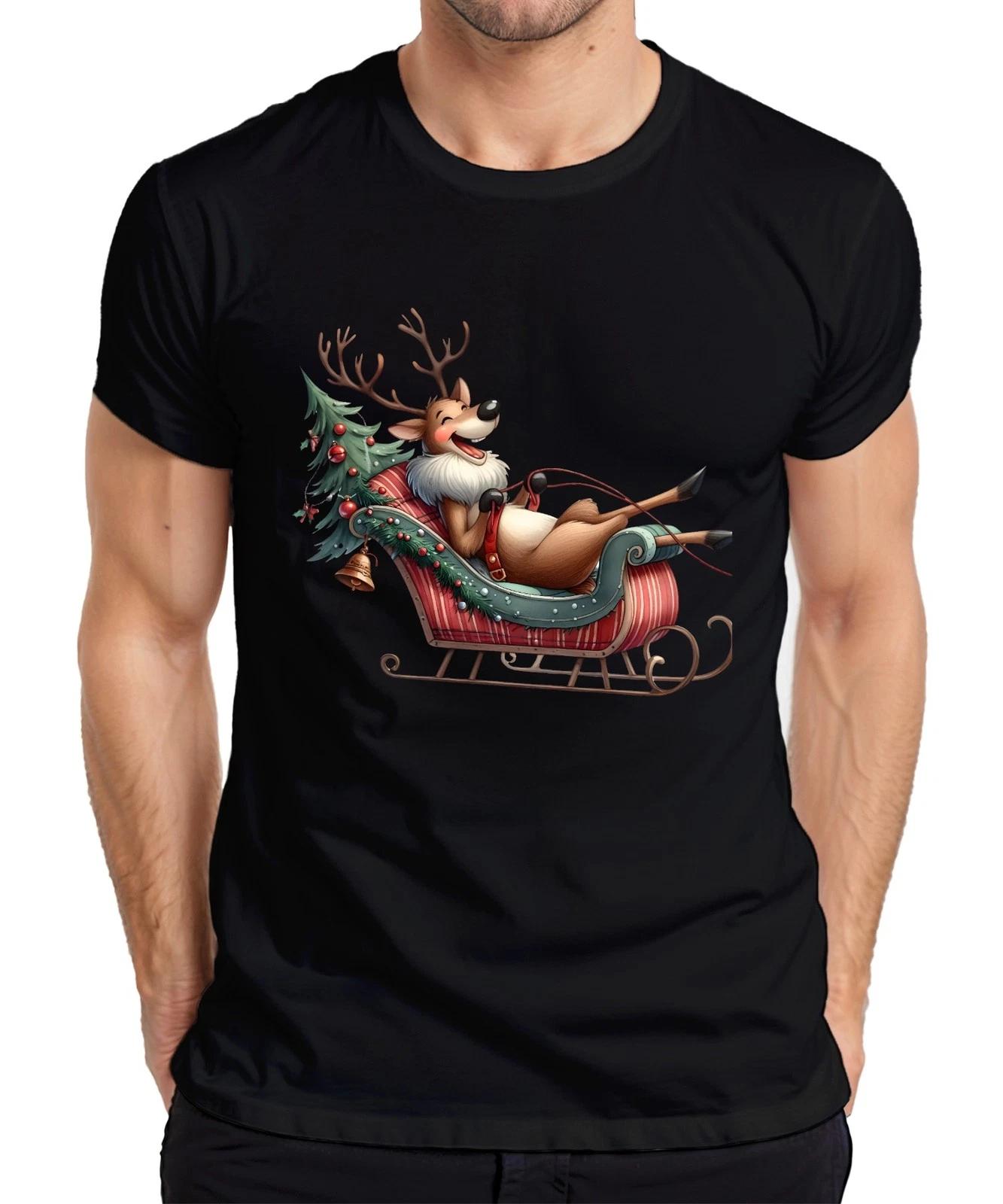 

Lazy Reindeer In Sleigh Christmas Funny Gift Cartoon Mens T-Shirt- 3XL