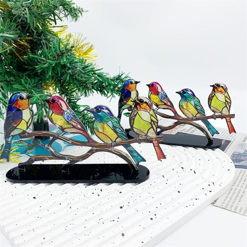 Colorful Birds Statue Art Craft Acrylic Tree Branch Birds Sculptures Collectibles Holiday Gift for Office Cabinets Booksh