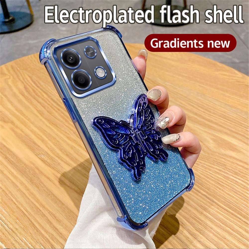 Shockproof Butterfly Stand Phone Case For Xiaomi Redmi Note 14 Pro Plus 14C 4G 5G 14T POCO X7 Pro Gradient Glitter Silicon Cover