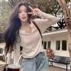 Korean Style Simple Right Shoulder V-neck Long-sleeved Sweater for Women 2024 Early Autumn New Loose Bottoming Slim and Versatile Top