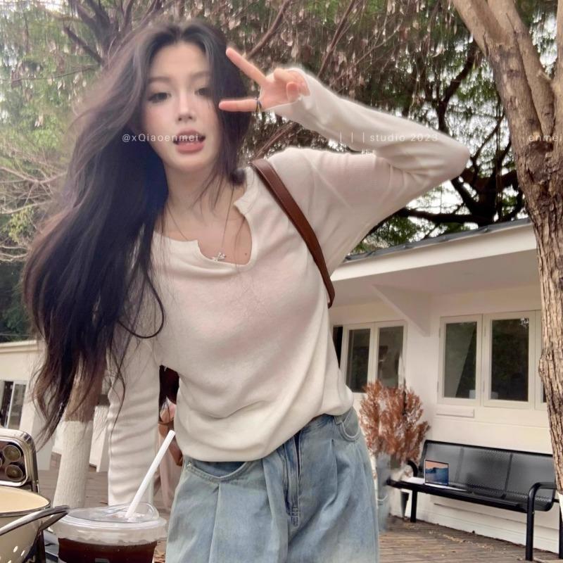 Korean Style Simple Right Shoulder V-neck Long-sleeved Sweater for Women 2024 Early Autumn New Loose Bottoming Slim and Versatile Top