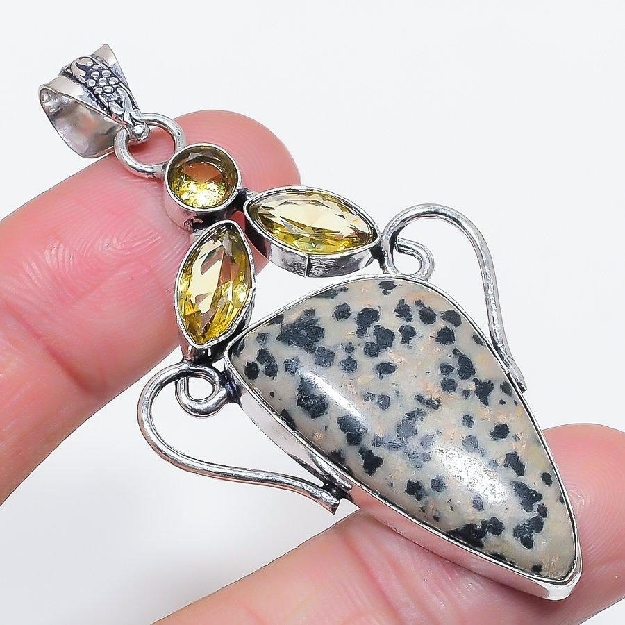 Natural Dalmation Jasper, Citrine 925 Sterling Silver Jewelry Pendant 2.60" k4F52