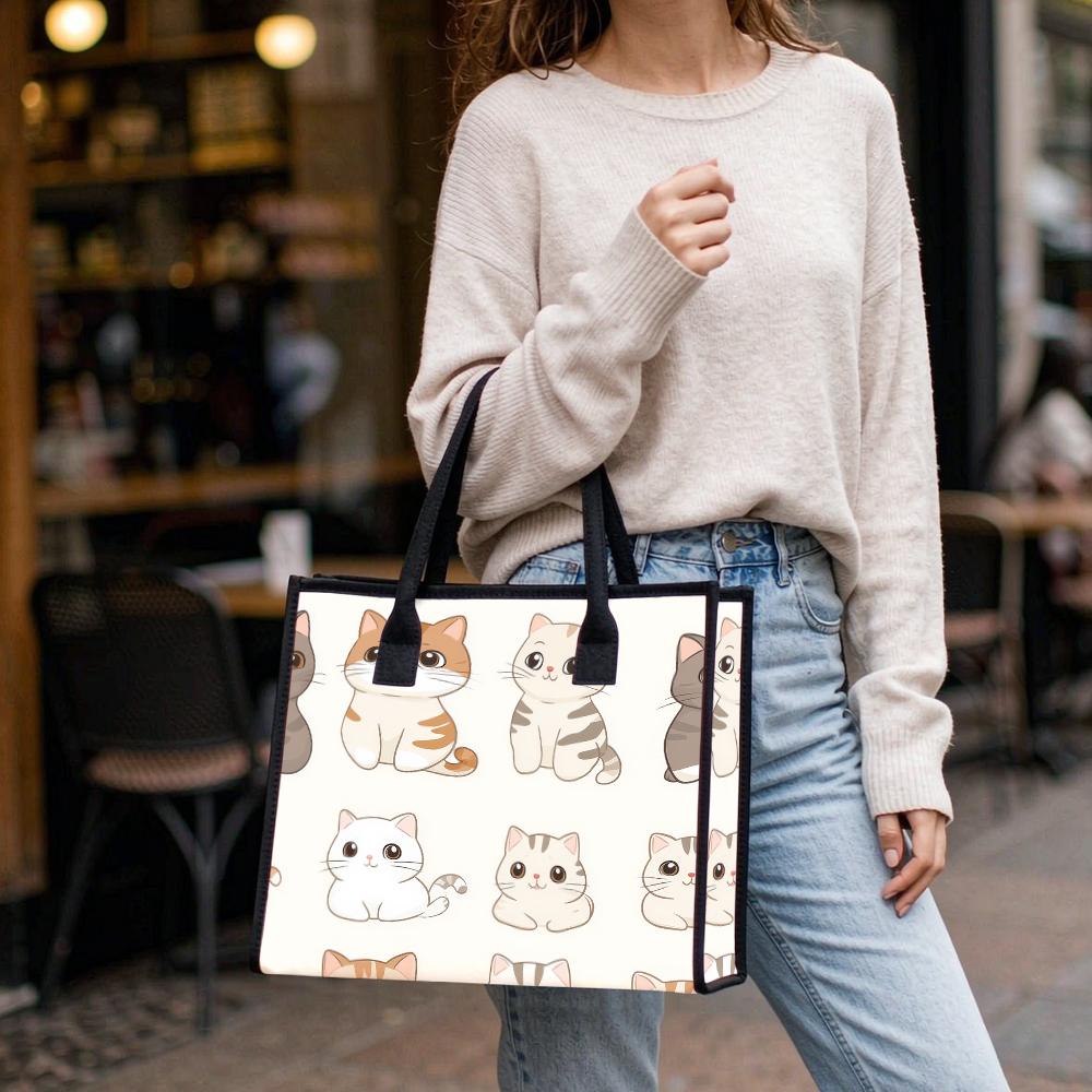 Cute Cat Printed Tote Bag Fashionable Casual Portable Large Capacity Daily Use Shopping Shoulder Handbag