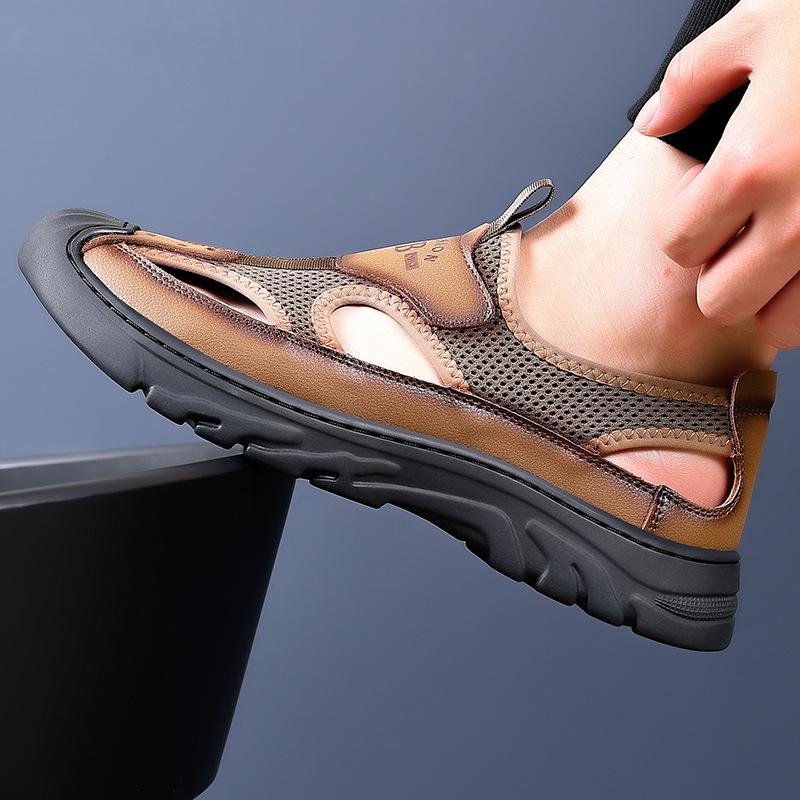 Baotou sandals men's 2025 summer new mesh casual beach shoes mesh breathable soft bottom hole shoes men