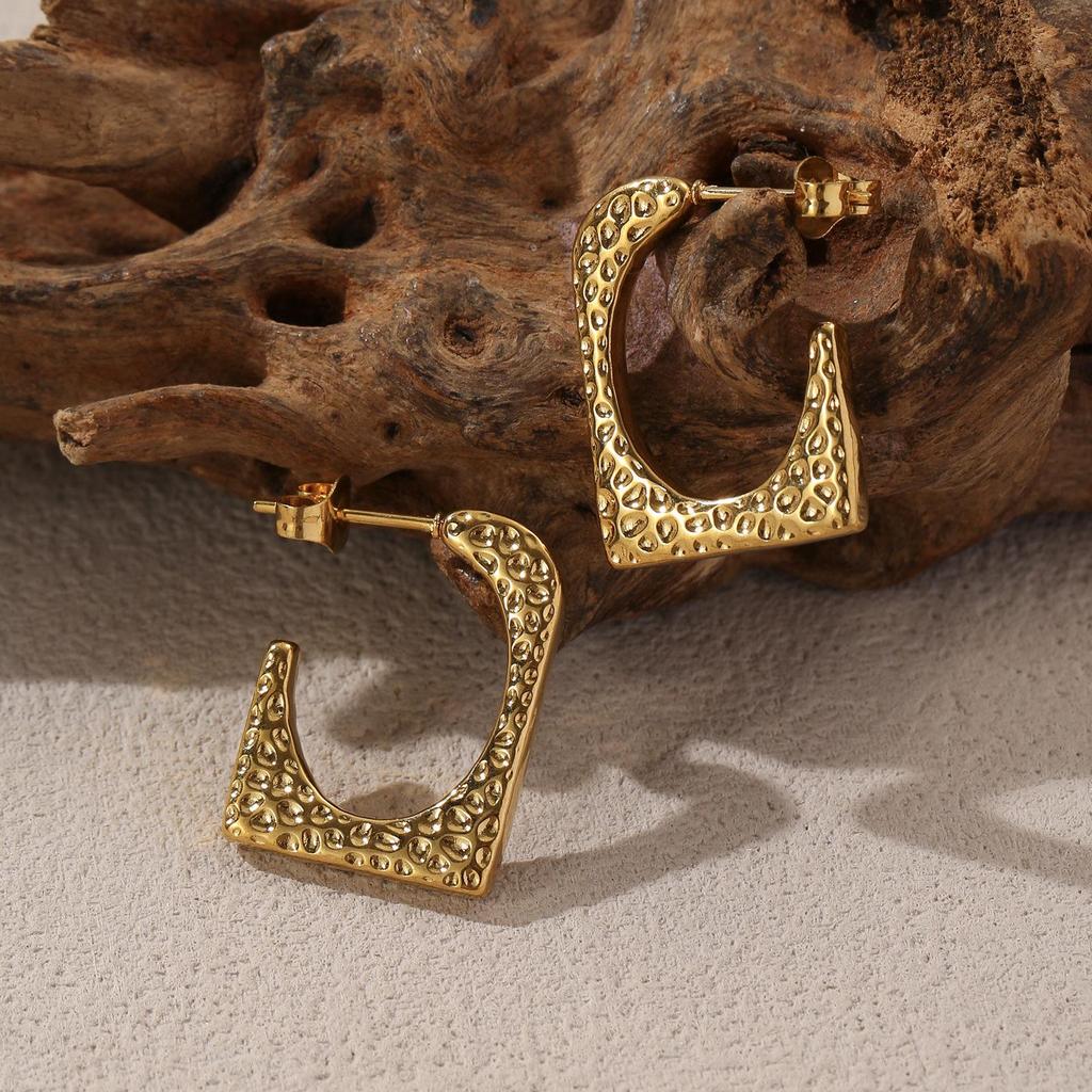 LNCHRAN 304 Stainless Steel Hammered Square C-Shaped Retro Women's Earrings
