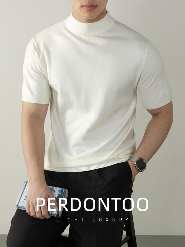 Italian Light Luxury Men's Wool High-Neck Short-Sleeve Knit T-Shirt for Commuting and Casual Autumn/Winter Wear