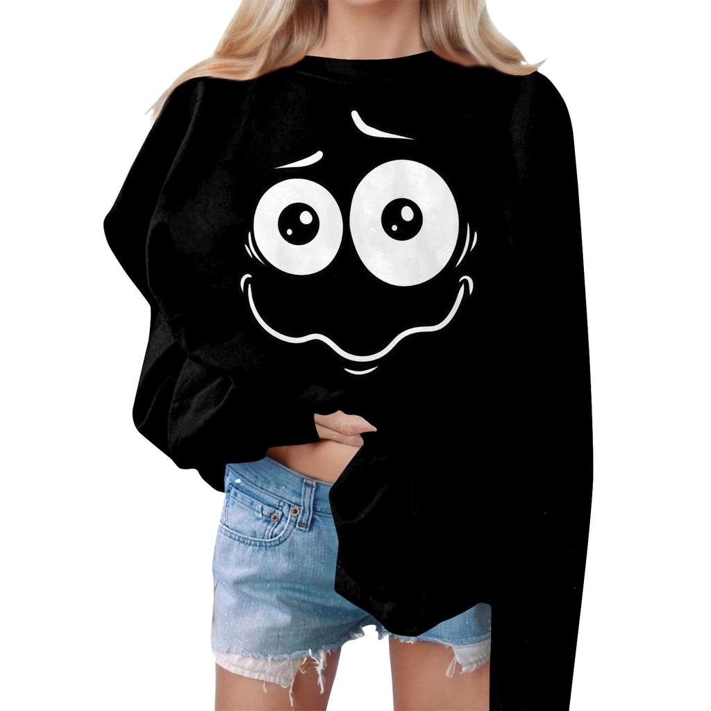 Damska bluza z nadrukiem ekspresyjnym, okrągłym dekoltem, opadającymi ramionami i długim rękawem