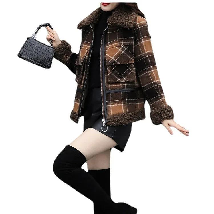 Lamb Wool Plaid Short Jacket Winter Cropped Petite Zipper Overcoat Women's Thick Regular Type Clothing