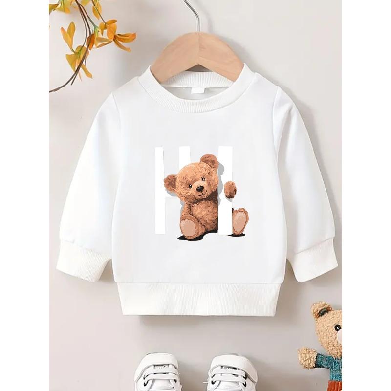 European sizes Cute Bear Print Pattern, Kids Comfortable and Durable Round Neck Sweatshirt 110