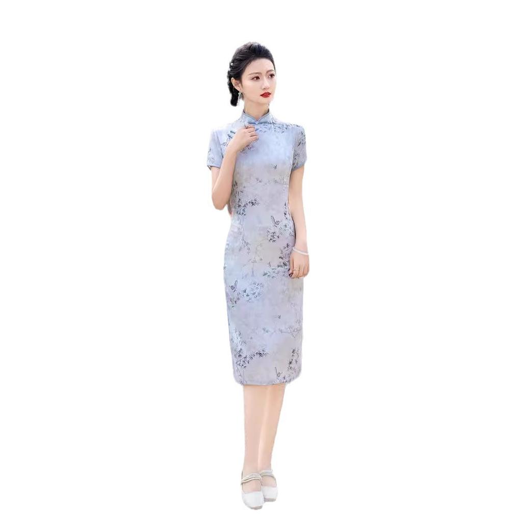Silk jacquard medium and long cheongsam 1011 new Chinese women's printed double-layer short-sleeved high-end simple and elegant daily cheongsam