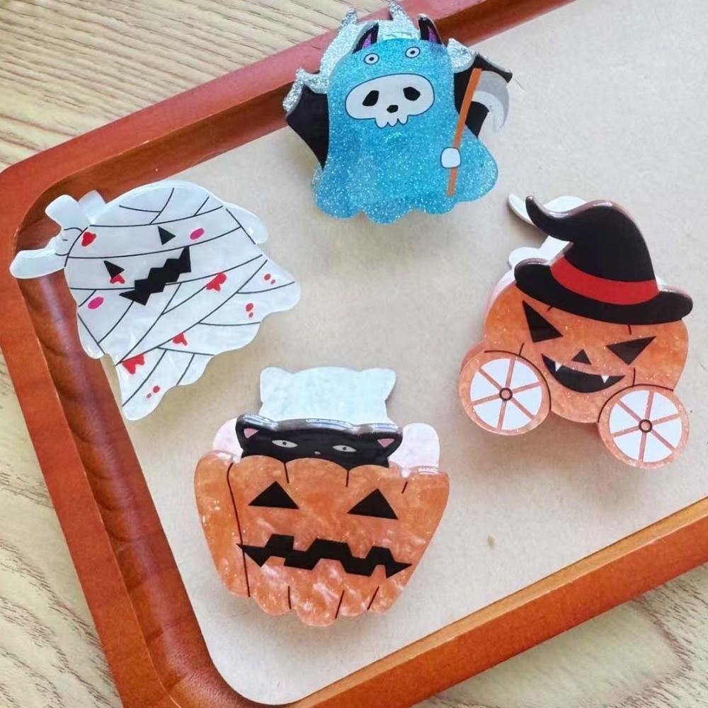 Acrylic Gothic Hair Clamps Glittery Pumpkin Hair Claw Ghost Mini Shark Clip School Event
