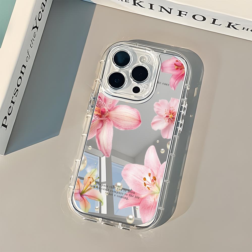 Elegant Pink Lily Flower Pattern Mirror Soft Phone Case For iPhone 17 16 15 14 13 12 11 Pro Max Air X XR XS 7 8 Plus Back Cover