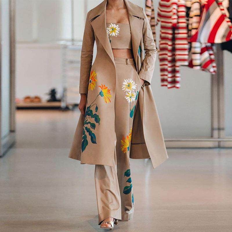 

Fd123 in Stock 2023 European and American Women s Fashion Autumn/Winter Hot-Selling Elegant Long Printed Trench Coat and Pants Set for Women Khaki L