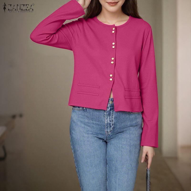 ZANZEA Kvinner uformell rund hals ensfarget langermet bluse