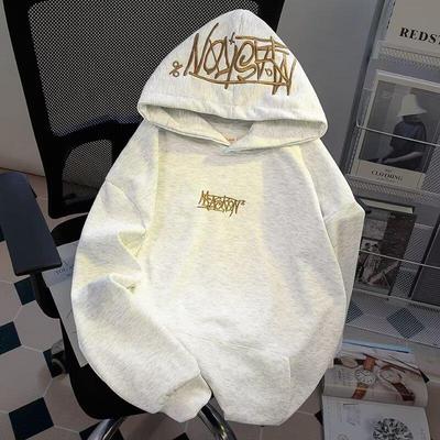 Men's Plus Velvet Embroidered Letter Hoodie - Unisex American Style, Heavyweight for Autumn/Winter, Casual Loose Fit.