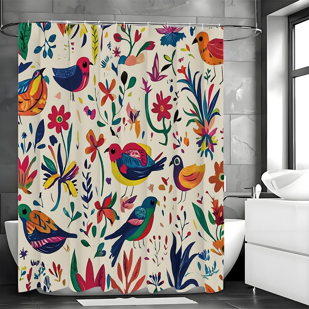 Cartoon Colorful Flower Bird Shower Curtain, Bathroom Decorative Shower Curtain, Waterproof Shower Curtain with Hooks