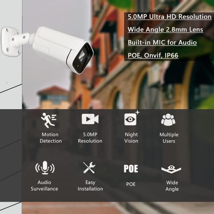 WiTi Caméra IP PoE 5MP Avec Microphone Audio,Objectif Grand Angle 2.8 mm,IP66