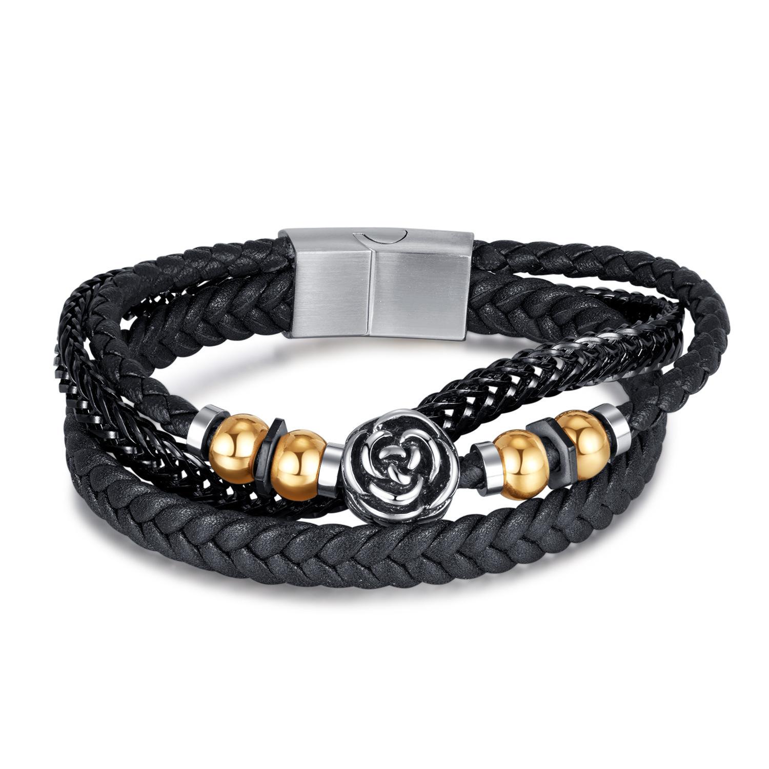 Hot Selling Multi Leather Bracelets Luxury Flower Black Bracelet Man Stainless Steel Jewelry Purchase ALN25123008 20.5cm&trendy