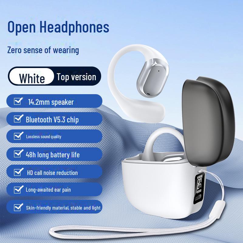 

Універсальна бездротова спортивна Bluetooth-гарнітура: Тривалий час роботи від батареї, цифровий дисплей, дизайн без внутрішньовушних навушників T371 OWS box + lanyard білий