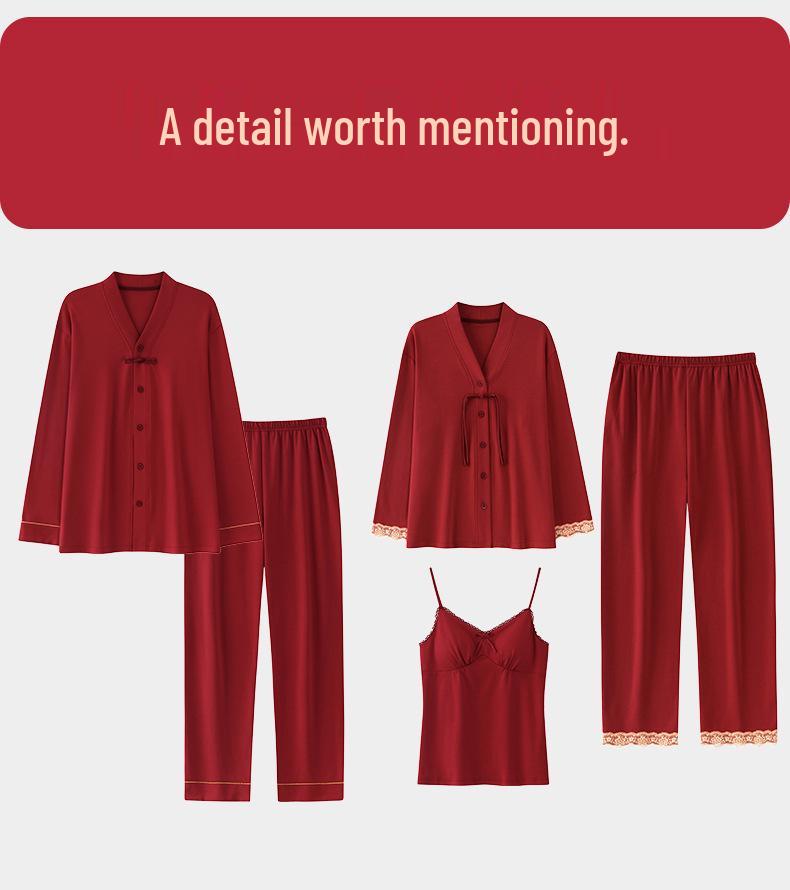 Three-Piece Red Wedding Pajama Set: Pure Cotton, Chest Pads, Zodiac Theme, for Couples, Spring/Autumn Home Wear
