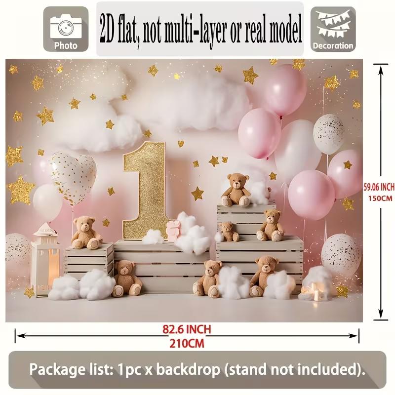 2D Pink 1st Birthday Backdrop with Teddy Bears & Stars for Baby Girl Photography Background