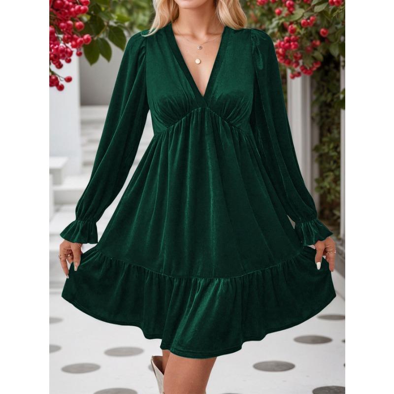 Women Elegant Velvet V Neck Long Sleeve High Waist A Line Short Dress