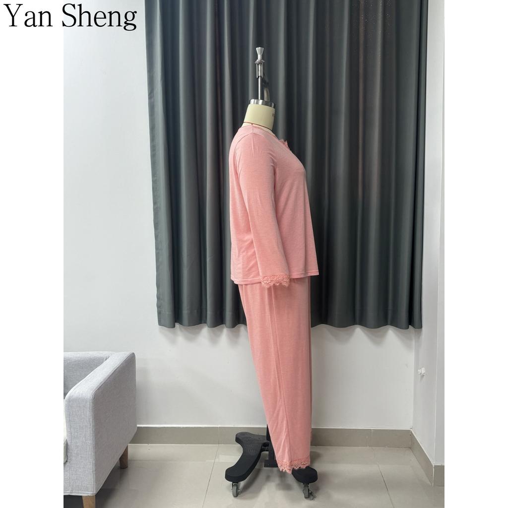 Women Pajama Set Plus Size Round Neck Long Sleeve Long Pants Two‑Piece Breathable Loungewear Home Suit for Spring Autumn Daily Wea