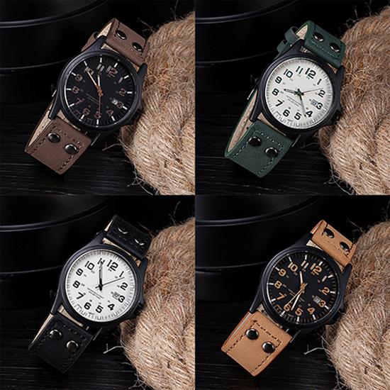 Orologio militare al quarzo sportivo con cinturino in pelle, datario, vintage, classico, da uomo