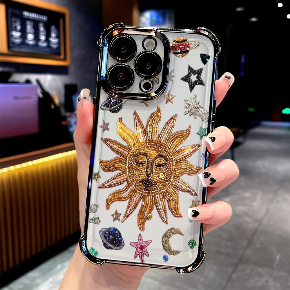 Retro Sun Star Pattern Electroplate AntiDrop Phone Case For iPhone 16 Pro Max 15 14 Plus 13 12 11 17 Air 16E Transparent Cover